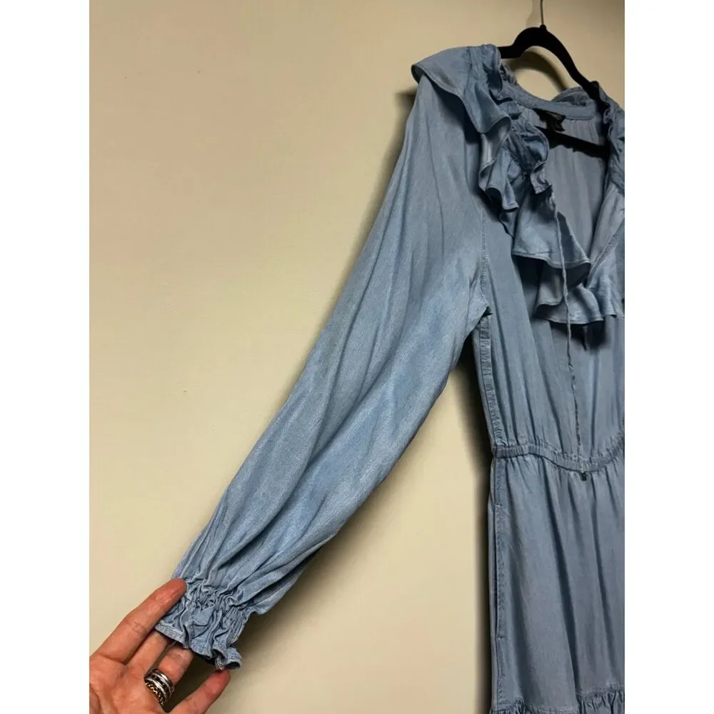 NWOT - Lauren Ralph Lauren Chambray Ruffle Keyhole Tie Front Midi Dress, Sz 2